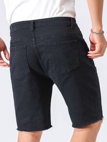 Manfinity Hombres Shorts mezclilla bermuda desgarro ribete crudo - Negro - Ver 5