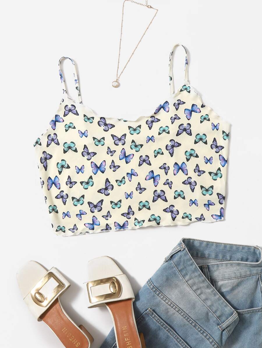 SHEIN Qutie Plus Lettuce Trim Butterfly Print Cami Top - Multicolor - View 1