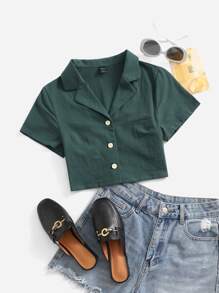 SHEIN EZwear Lapel Collar Buttoned Front Blouse - Dark Green - View 1