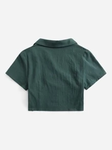 SHEIN EZwear Lapel Collar Buttoned Front Blouse - Dark Green - View 2