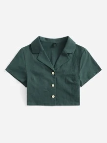 SHEIN EZwear Lapel Collar Buttoned Front Blouse - Dark Green - View 3