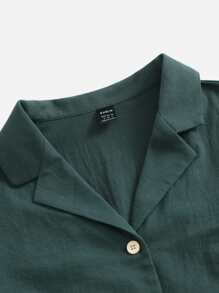 SHEIN EZwear Lapel Collar Buttoned Front Blouse - Dark Green - View 4