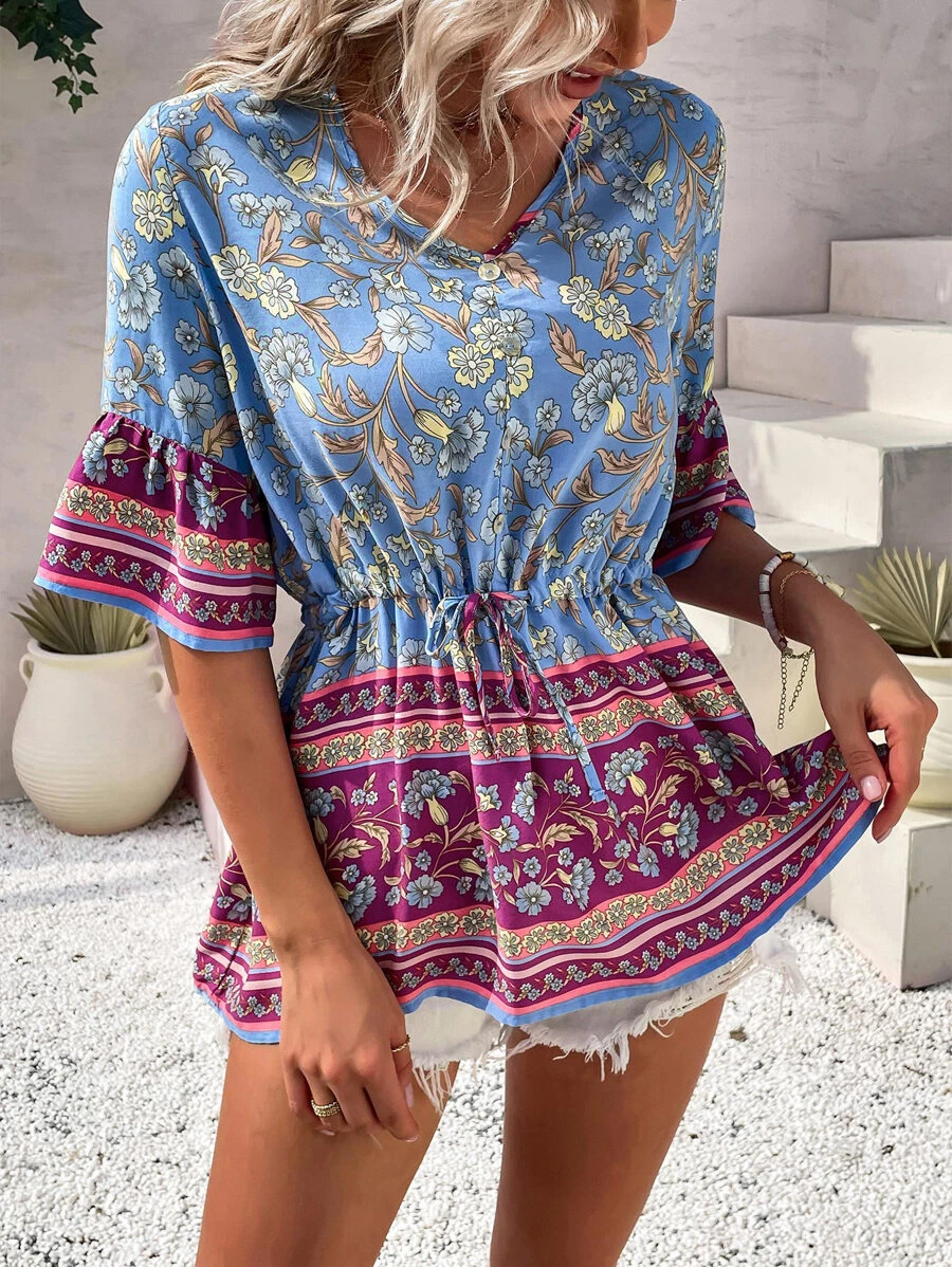 Floral Print Drawstring Waist Flounce Sleeve Blouse Clothes For University - Multicolor - View 1