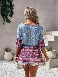 Floral Print Drawstring Waist Flounce Sleeve Blouse Clothes For University - Multicolor - View 2