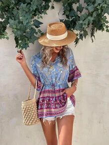 Floral Print Drawstring Waist Flounce Sleeve Blouse Clothes For University - Multicolor - View 5