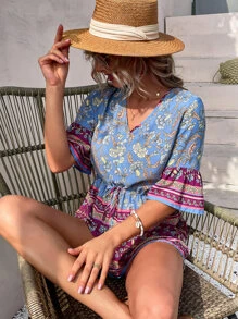 Floral Print Drawstring Waist Flounce Sleeve Blouse Clothes For University - Multicolor - View 6
