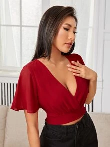 SHEIN PETITE 抽褶細節荷葉袖上衣 - 紅色 - 查看 1