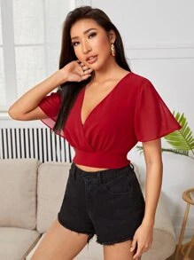 SHEIN PETITE 抽褶細節荷葉袖上衣 - 紅色 - 查看 3