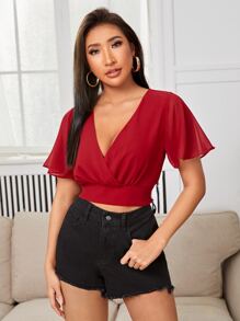 SHEIN PETITE 抽褶細節荷葉袖上衣 - 紅色 - 查看 5
