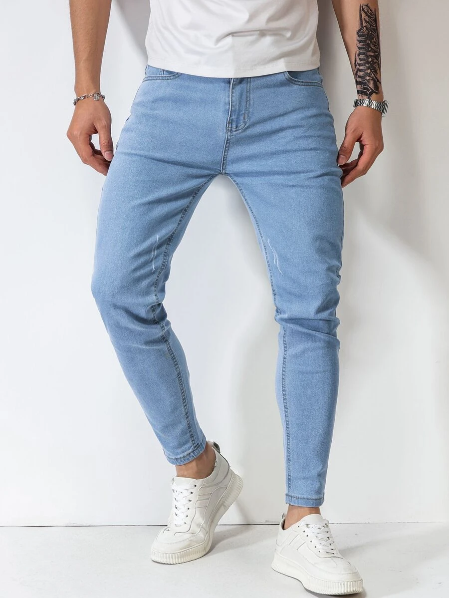 Manfinity Homme Quần Jeans Nam Nút Túi màu trơn - Rửa nhẹ - Xem 1