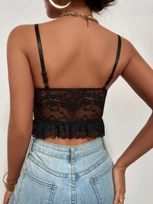 Ruffle Hem Bustier Lace Cami Top - Black - View 2