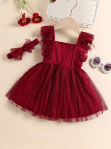 SHEIN 嬰兒蕾絲拼接荷葉邊方領洋裝和髮箍 - 酒紅色 - 查看 1