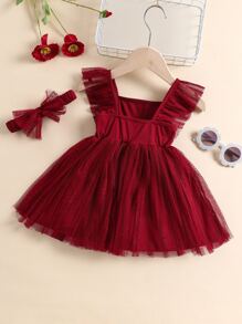 SHEIN 嬰兒蕾絲拼接荷葉邊方領洋裝和髮箍 - 酒紅色 - 查看 2