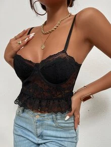 Ruffle Hem Bustier Lace Cami Top - Black - View 3