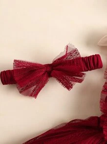 SHEIN 嬰兒蕾絲拼接荷葉邊方領洋裝和髮箍 - 酒紅色 - 查看 3