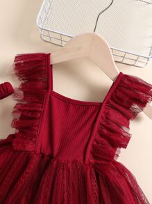 SHEIN 嬰兒蕾絲拼接荷葉邊方領洋裝和髮箍 - 酒紅色 - 查看 4