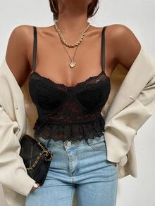 Ruffle Hem Bustier Lace Cami Top - Black - View 6