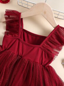 SHEIN 嬰兒蕾絲拼接荷葉邊方領洋裝和髮箍 - 酒紅色 - 查看 6