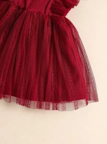 SHEIN 嬰兒蕾絲拼接荷葉邊方領洋裝和髮箍 - 酒紅色 - 查看 8