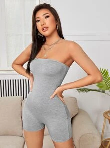 SHEIN PETITE Backless Tube Unitard Romper - Light Grey - View 3