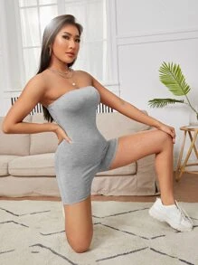 SHEIN PETITE Backless Tube Unitard Romper - Light Grey - View 5