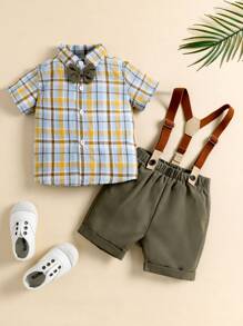 Baby Jungen Kariertes Shirt mit Schleife & Trägershorts