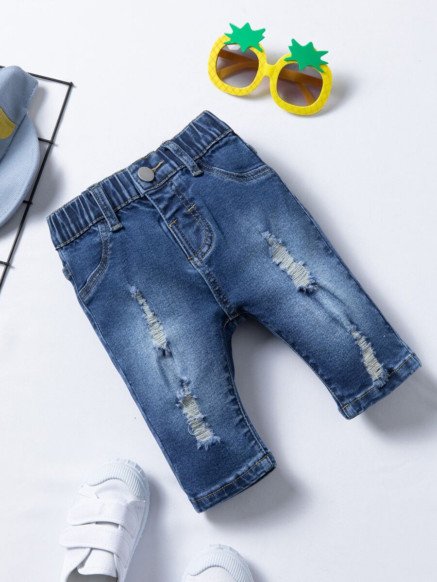 Baby Boy Ripped Bleach Wash Jeans - Medium Wash - View 1