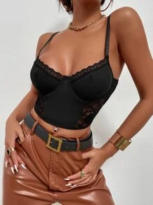 Top de tirantes bustier con encaje en contraste - Negro - Ver 1