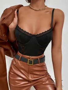 Top de tirantes bustier con encaje en contraste - Negro - Ver 4