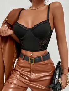 Top de tirantes bustier con encaje en contraste - Negro - Ver 5