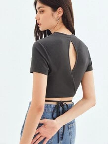 SHEIN Áo thun nữ Hội Chữ thập Cắt ra Gân đan màu trơn Giải trí - Màu xám đen - Xem 1