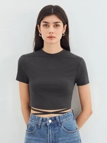 SHEIN Áo thun nữ Hội Chữ thập Cắt ra Gân đan màu trơn Giải trí - Màu xám đen - Xem 2