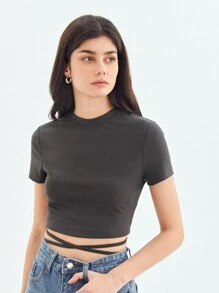 SHEIN Áo thun nữ Hội Chữ thập Cắt ra Gân đan màu trơn Giải trí - Màu xám đen - Xem 3