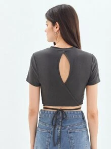SHEIN Áo thun nữ Hội Chữ thập Cắt ra Gân đan màu trơn Giải trí - Màu xám đen - Xem 4
