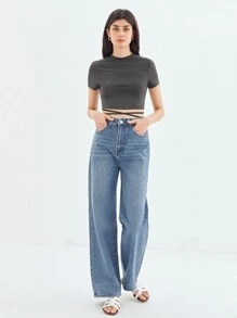 SHEIN Áo thun nữ Hội Chữ thập Cắt ra Gân đan màu trơn Giải trí - Màu xám đen - Xem 5