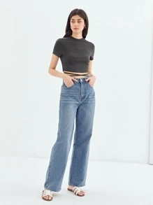 SHEIN Áo thun nữ Hội Chữ thập Cắt ra Gân đan màu trơn Giải trí - Màu xám đen - Xem 6