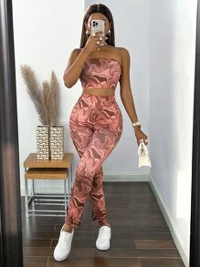 SHEIN SXY Random Marble Print Tube Top & Slit Hem Leggings - Multicolor - View 4
