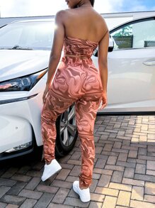 SHEIN SXY Random Marble Print Tube Top & Slit Hem Leggings - Multicolor - View 2