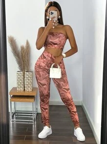 SHEIN SXY Random Marble Print Tube Top & Slit Hem Leggings - Multicolor - View 5