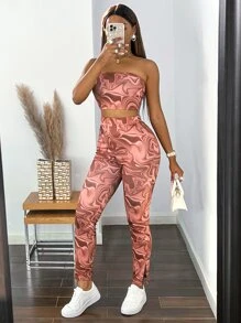 SHEIN SXY Random Marble Print Tube Top & Slit Hem Leggings - Multicolor - View 6