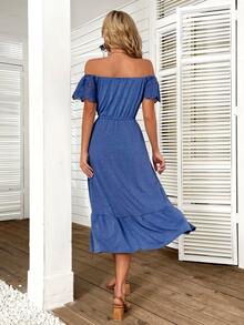 Đầm Tương phản ren Viên lá sen màu trơn Giải trí - Màu xanh lam - Xem 2