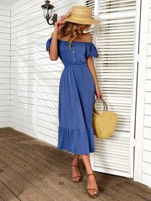 Đầm Tương phản ren Viên lá sen màu trơn Giải trí - Màu xanh lam - Xem 4