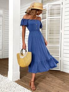 Đầm Tương phản ren Viên lá sen màu trơn Giải trí - Màu xanh lam - Xem 6