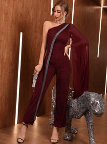 Modelyn One Shoulder Contrast Mesh Slit Sleeve Glitter Jumpsuit - Maroon - View 1