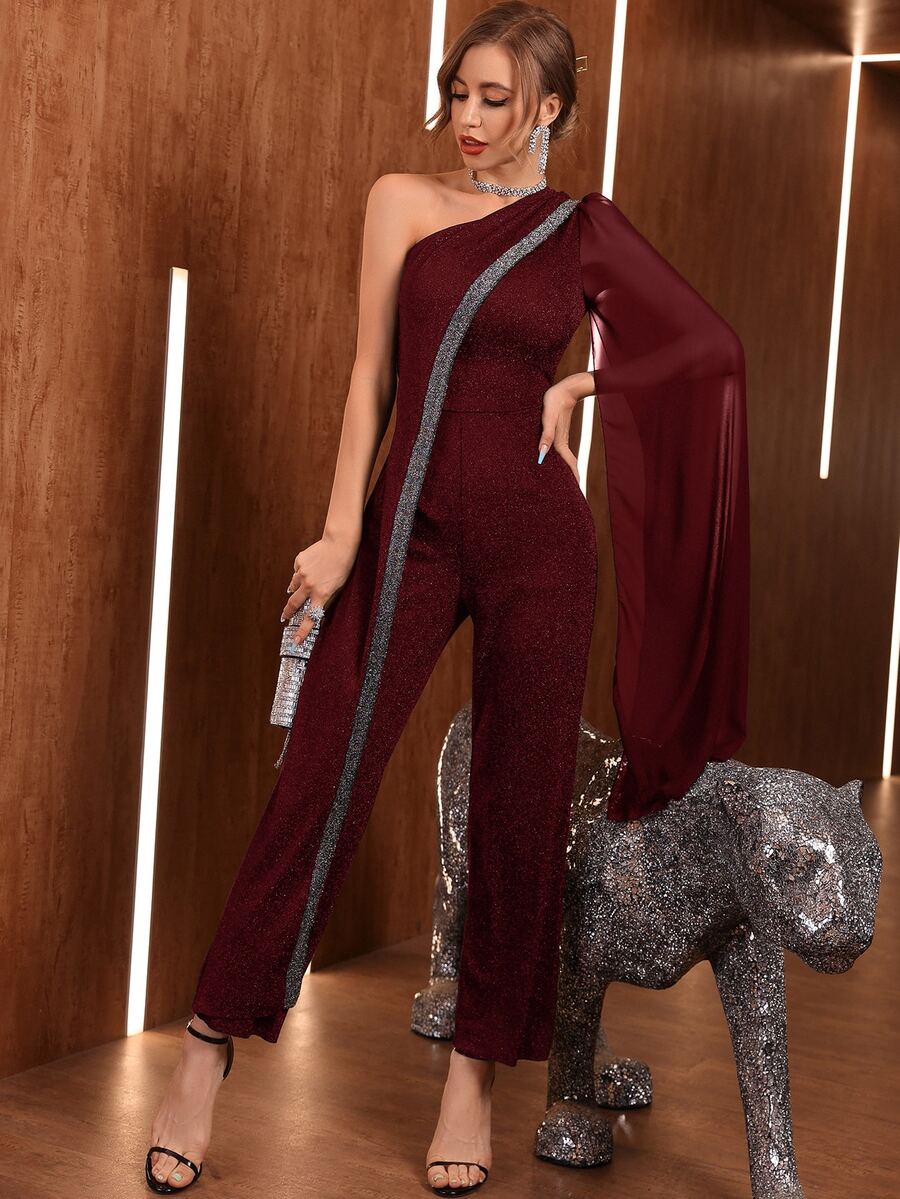 Modelyn One Shoulder Contrast Mesh Slit Sleeve Glitter Jumpsuit - Maroon - View 1