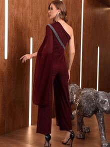 Modelyn One Shoulder Contrast Mesh Slit Sleeve Glitter Jumpsuit - Maroon - View 2