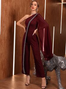 Modelyn One Shoulder Contrast Mesh Slit Sleeve Glitter Jumpsuit - Maroon - View 3