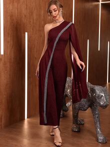 Modelyn One Shoulder Contrast Mesh Slit Sleeve Glitter Jumpsuit - Maroon - View 4