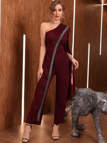 Modelyn One Shoulder Contrast Mesh Slit Sleeve Glitter Jumpsuit - Maroon - View 5