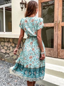 Breezaya Floral Print Petal Sleeve Knot Front Ruffle Hem Dress - Multicolor - View 2